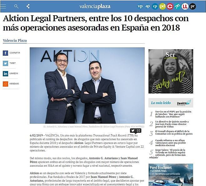 Aktion Legal Partners, entre los 10 despachos con ms operaciones asesoradas en Espaa en 2018